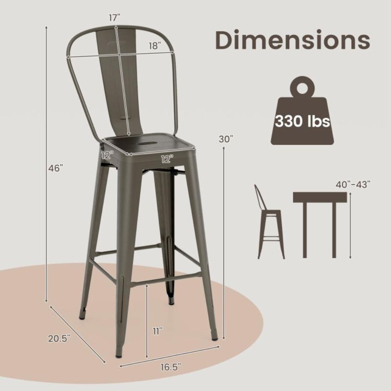 Hivvago Set of 4 Bar Height Chairs Stackable Metal Bar Stools with Removable Backrest