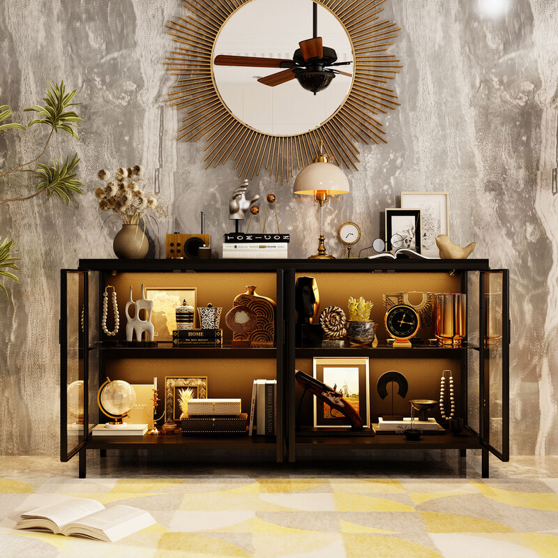 FUFU&GAGA  Modern Industrial Black Metal & Glass Storage Cabinet – 4-Door Tempered Glass Display with Sturdy Wood Shelves, (55.1" W x 15.7" D x 29.5" H), Black