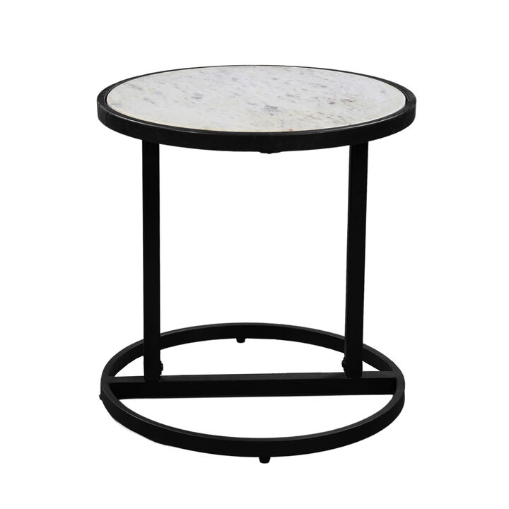 Beri 18 Inch Side End Table, Round White Natural Marble Top, Classic Slim Black Iron Frame - Benzara