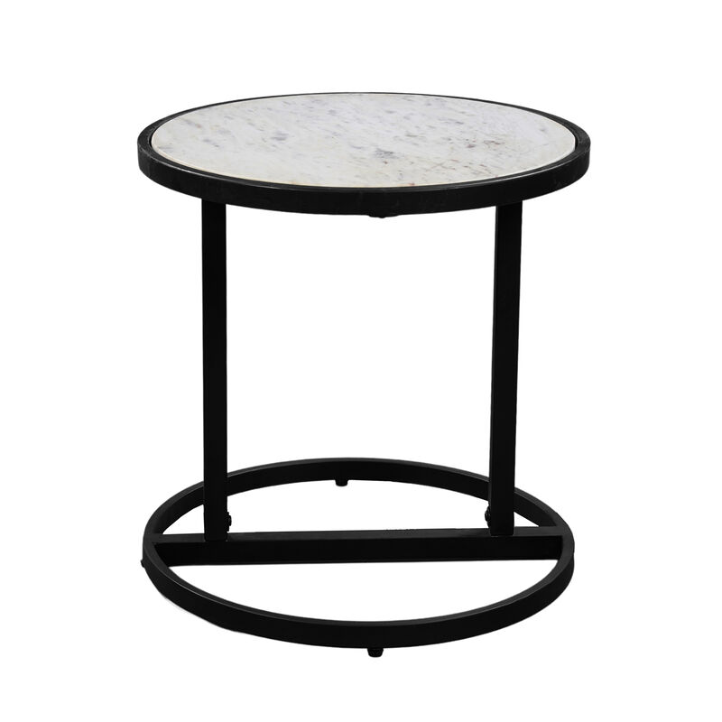 Beri 18 Inch Side End Table, Round White Natural Marble Top, Classic Slim Black Iron Frame - Benzara