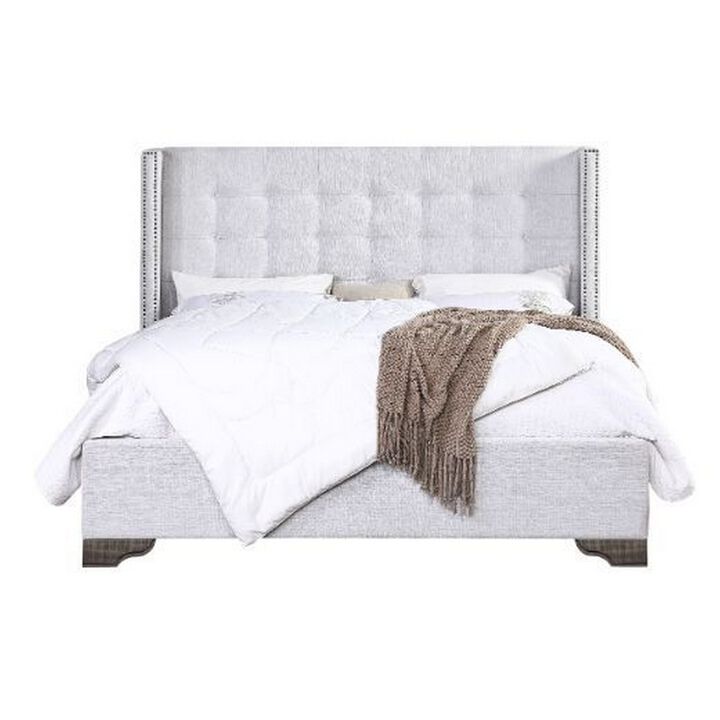 Eastern King Bed with Fabric Upholstery and Tufting, Beige - Benzara