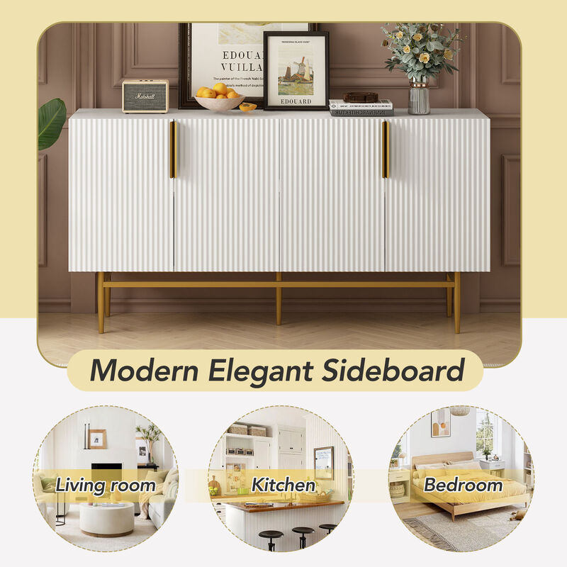 60" Modern Elegant 4-door Sideboard,Gold Metal Handle Storage Cabinet, White