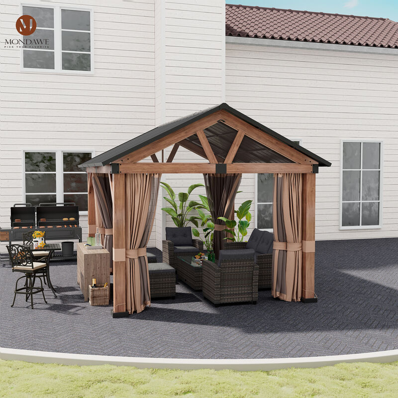 MONDAWE 13 ft. x 11 ft. Patio Hardtop Gazebo Gable Roof  Aluminium Frame Galvanized Steel Top with Curtain and Netting