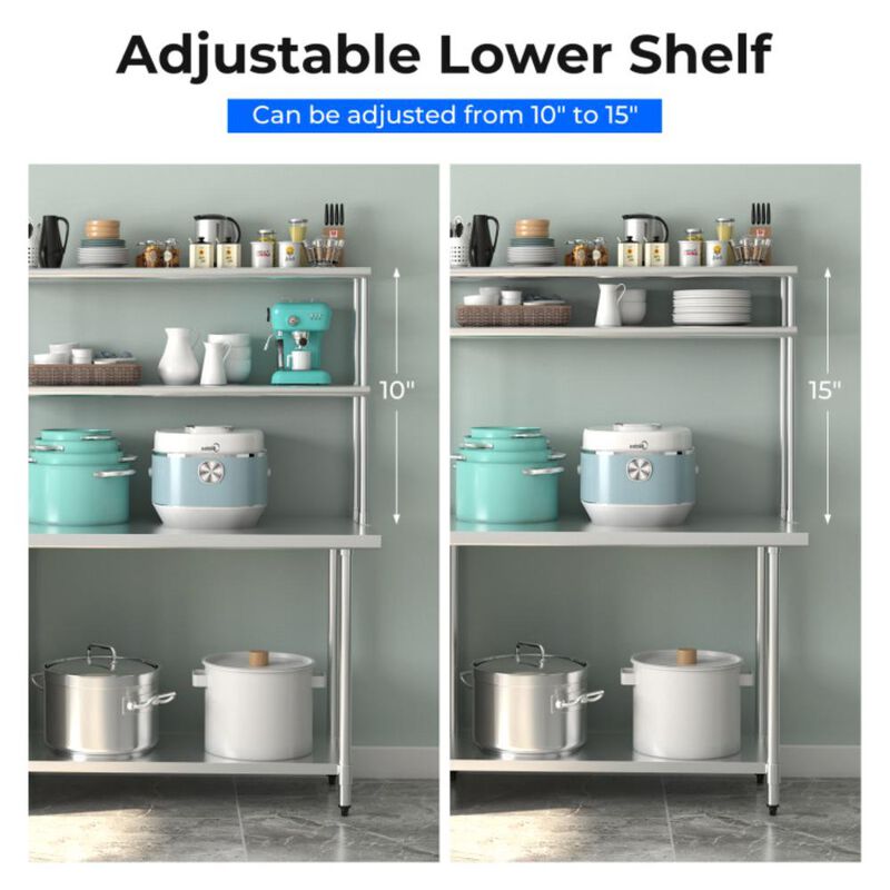 Hivvago 48 x 12 Inch Kitchen Stainless Steel Overshelf with Adjustable Lower Shelf