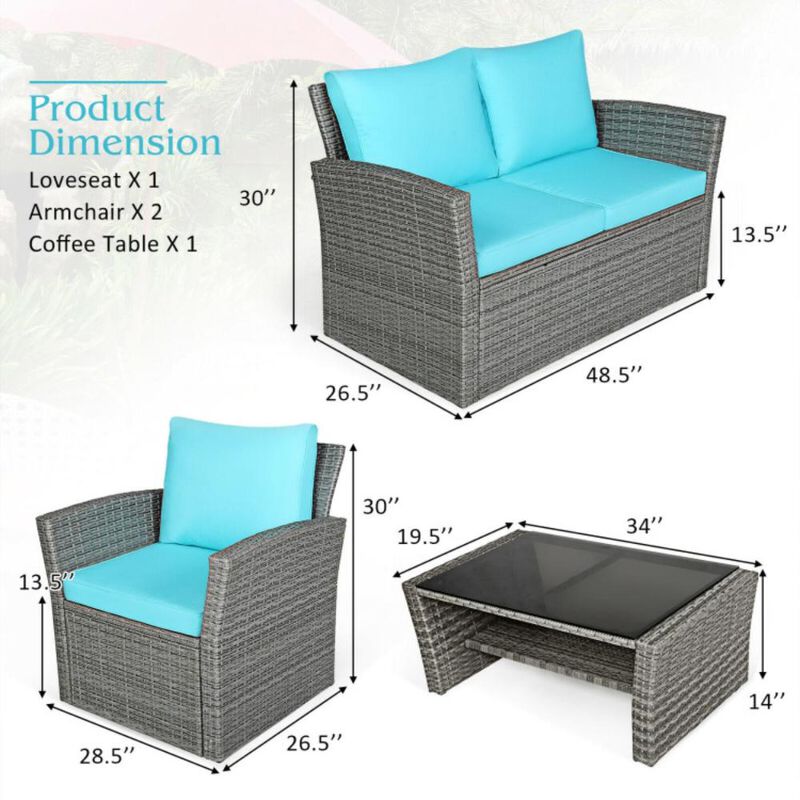 Hivvago 4 Pieces Patio Rattan Furniture Set Sofa Table with Storage Shelf Cushion