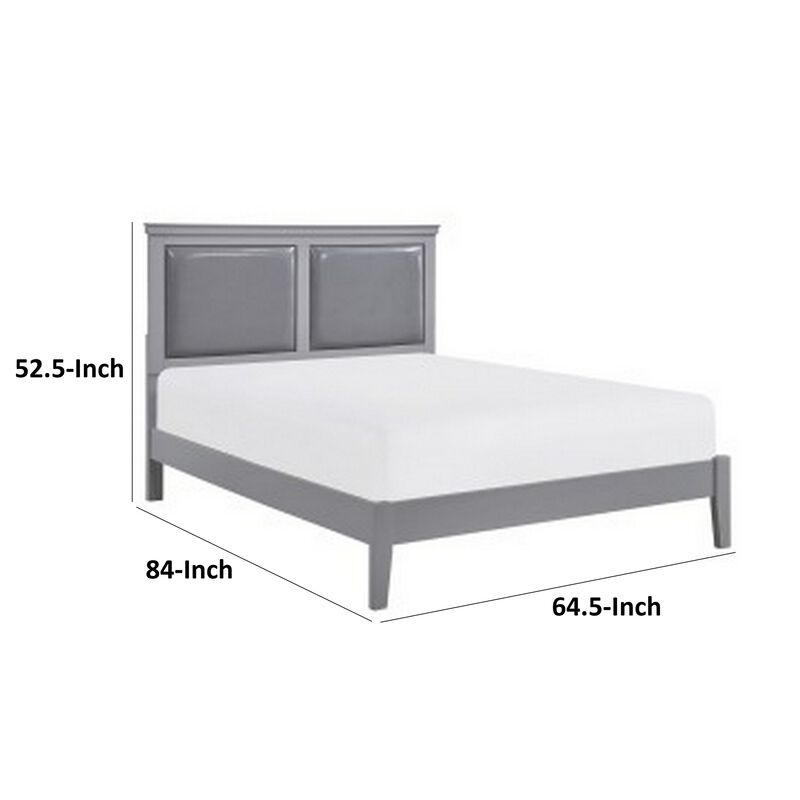 Brite Queen Size Bed, Gray Faux Leather Upholstered Headboard, Low Profile - Benzara