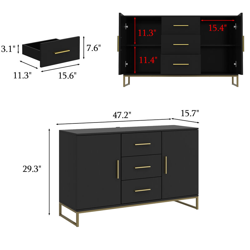Black Storage Accent Cabinets with 3-Drawers and 2-Cabinets, Metal Legs Cupboard Floor-Standing Sideboard