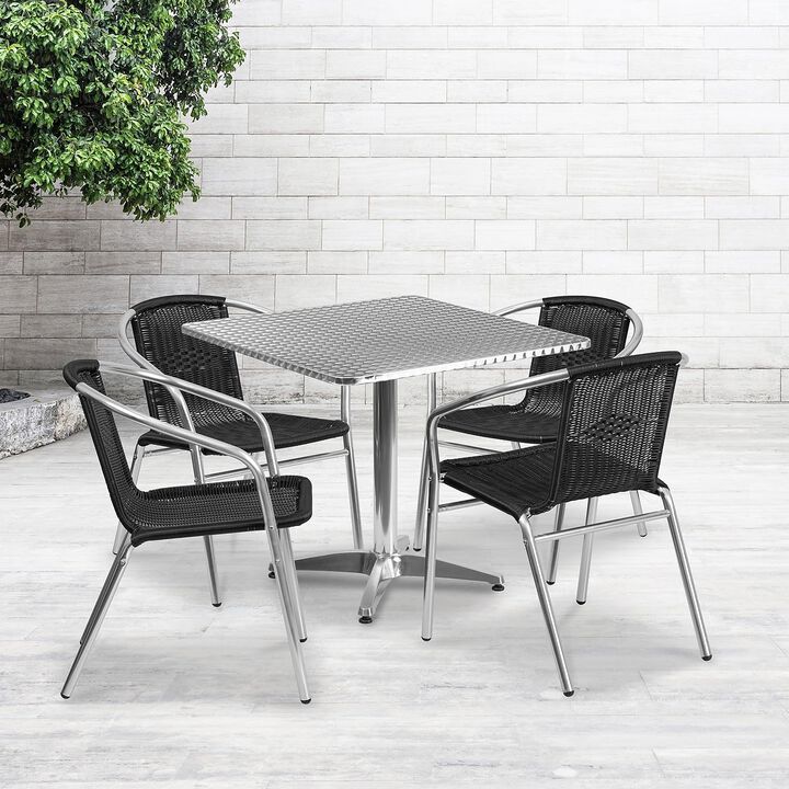 Flash Furniture 31.5'' Square Aluminum Indoor-Outdoor Table Set with 4 Black Rattan Chairs