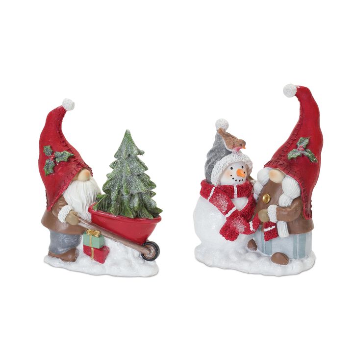 Gnome with Wheelbarrow & Snowman Garden Figurines for Outdoor Decor (Set of 2)