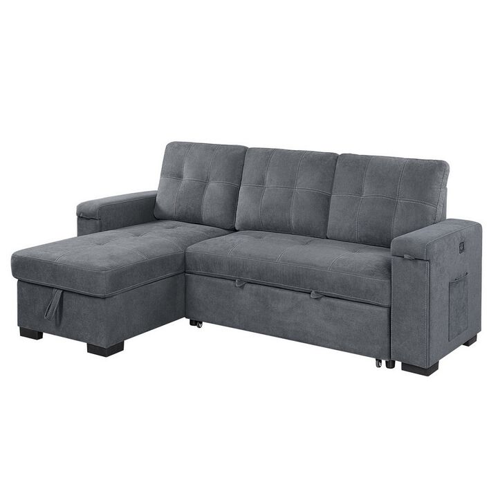 95 Inch Sleeper Sectional Sofa with Storage Chaise, USB Ports, Woven Gray-Benzara