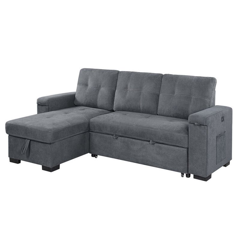 95 Inch Sleeper Sectional Sofa with Storage Chaise, USB Ports, Woven Gray-Benzara
