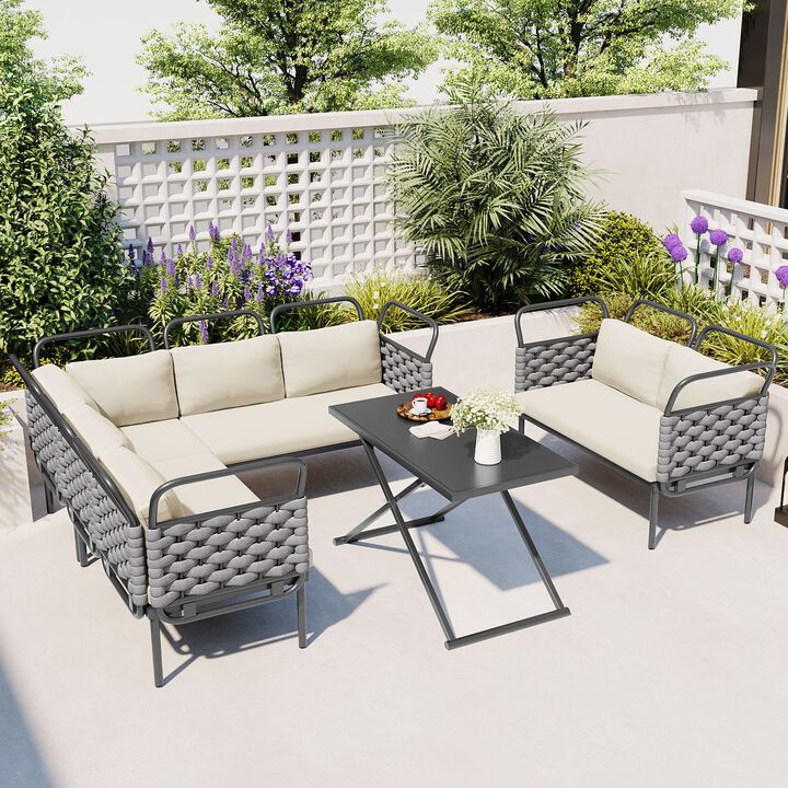 MONDAWE 5 Piece Modern Patio Sectional Sofa Set Outdoor Woven Rope Furniture Set with Glass Table and Cushions