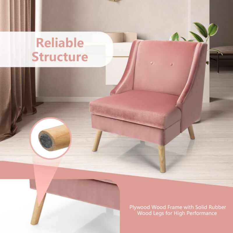 Hivvago Velvet Wing Back Accent Chair with Rubber Wood Legs and Padded Seat for Living Room-Pink