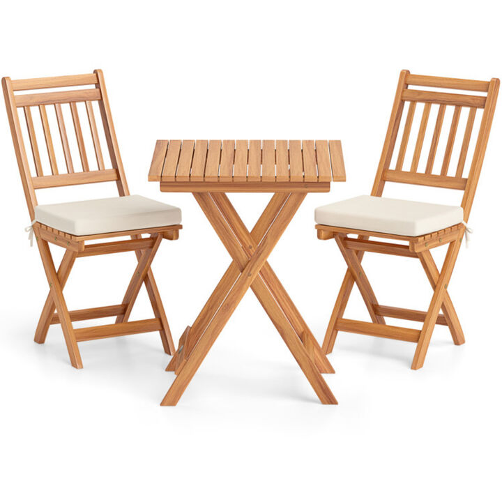 Outdoor Wood Bistro Set with Soft Seat Cushions and Table