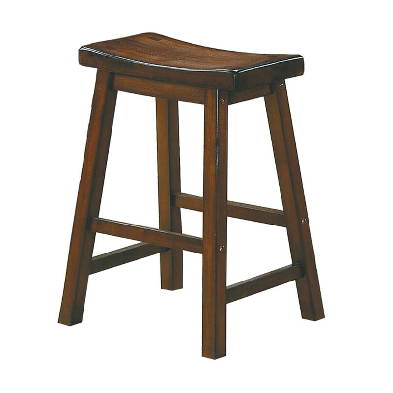 Wooden 24" Counter Height Stool with Saddle Seat, Distressed Cherry, Set Of 2-Benzara