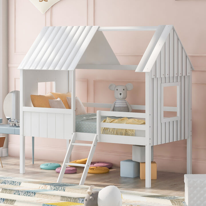 Wooden House Loft Bed with Two Side Windows, Low Loft Frame for Kids' Bedroom & Playroom