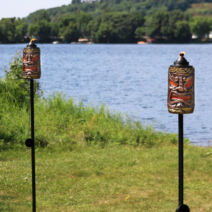 Sunnydaze Resin/Metal 3-in-1 Tiki Face Outdoor Lawn Torch - Set of 2