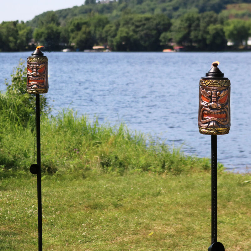 Sunnydaze Resin/Metal 3-in-1 Tiki Face Outdoor Lawn Torch - Set of 2