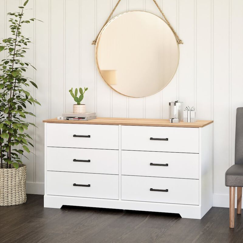 Prepac Rustic Ridge 6 Drawer Dresser, 18.25 D x 53.25 W x 28.5 H, White & Oak