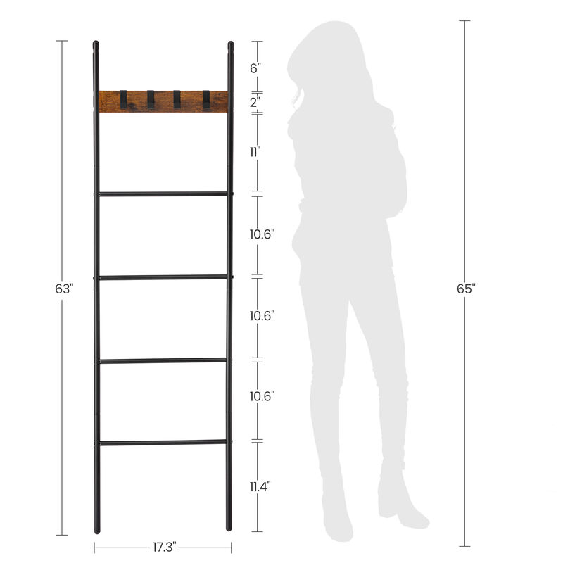 5-Tier Blanket Ladder with Hooks - Rustic Brown and Black, Industrial Metal Frame