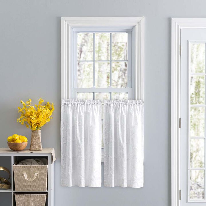 Ellis Eva Candlewick 1.5" Rod Pocket Floral High Quality Embroidery Tailored Tiers 56"x24" White