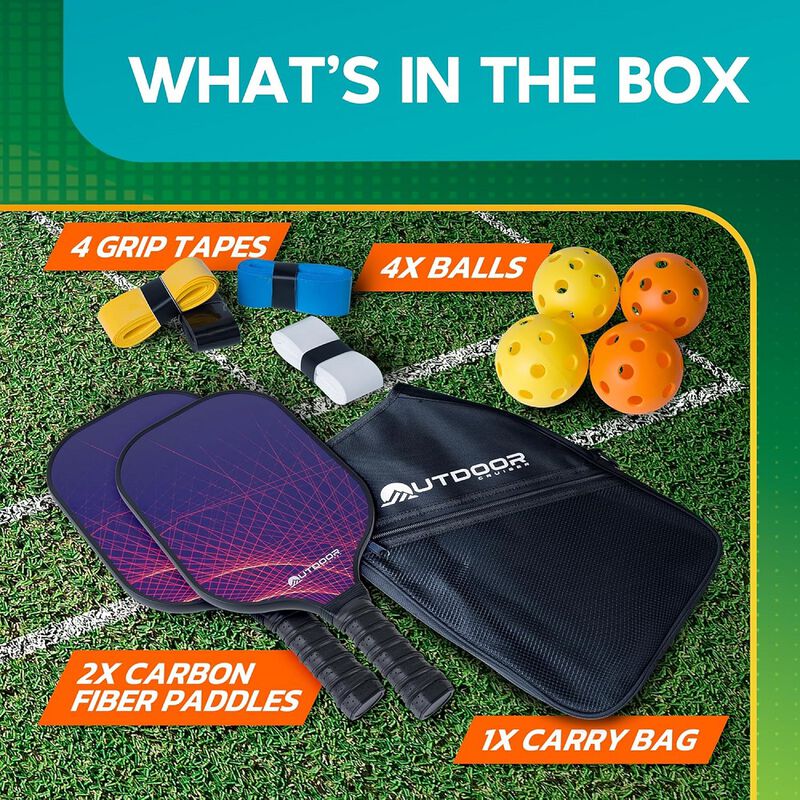 Outdoor Cruiser Pickleball Racket Set - Carbon Fiber USAPA Approved Lightweight Paddles with Polypropylene Honeycomb Core, Skill Levels, Includes 2 Rackets, a Sling Bag, 4 Balls, and 4 Grip Tapes