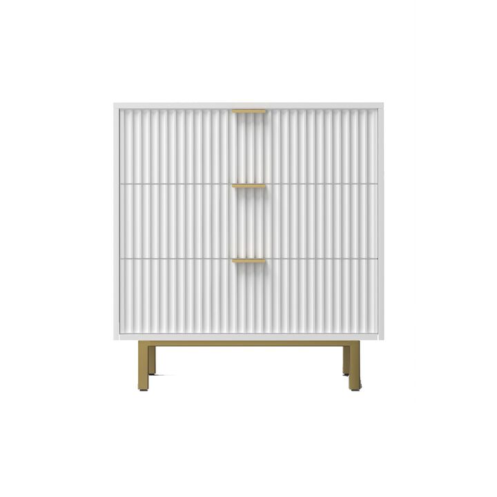 Beth 34 Inch 3 Drawer Small Dresser Chest, Mahogany Wood, White, Gold-Benzara