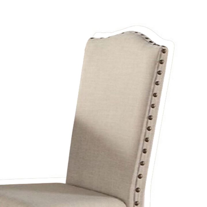 Rubber Wood Dining Chair With Nail Head Trim, Set Of 2, Brown And Cream-Benzara