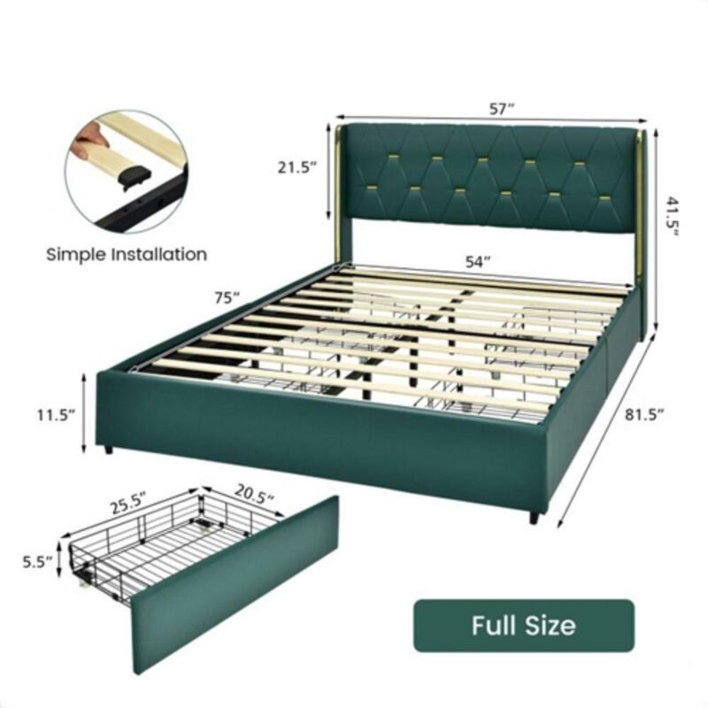 Hivvago Full Size Green/Gold Linen Headboard 4 Drawer Storage Platform Bed