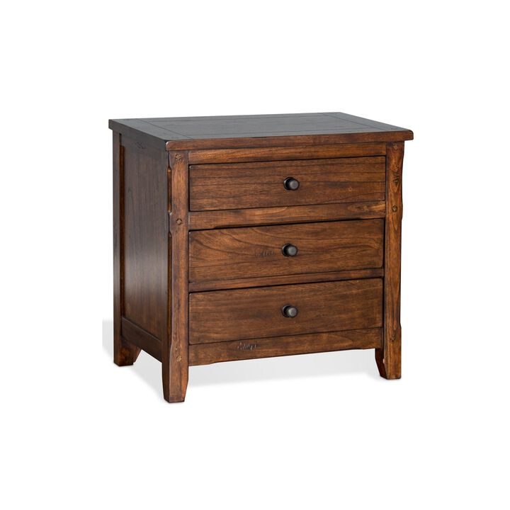 Odell Nightstand, 3 Drawers, Bronze, Rustic Dark Brown Solid Wood - Benzara