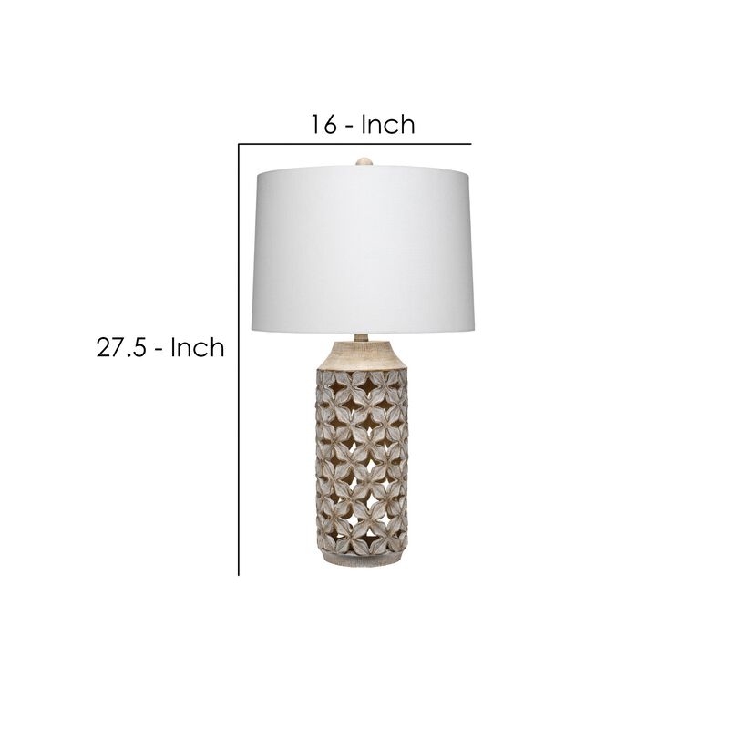 Resin Table Lamp with Geometric Cutouts, White and Gray-Benzara