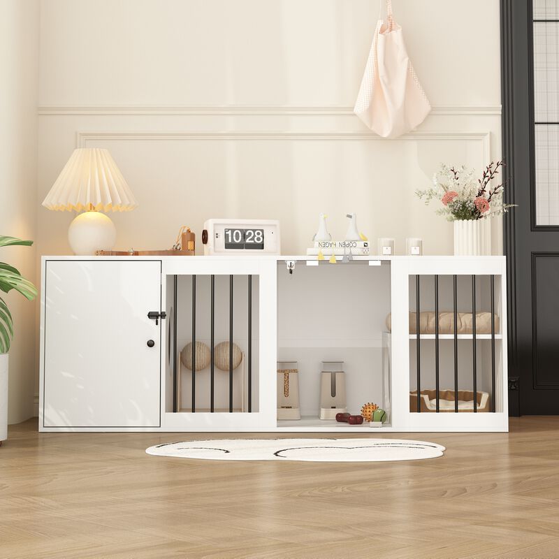 FUFU&GAGA Cat Cabinet, Multi-functional Cat Cage with Litter Box Space, Glass Doors for Easy Viewing, Air Circulation Railing, and Storage, (63" L x 19.7" W x 23.7" H),White