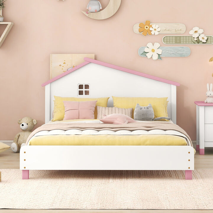 Full Size Wood Platform Bed With House-Shaped Headboard