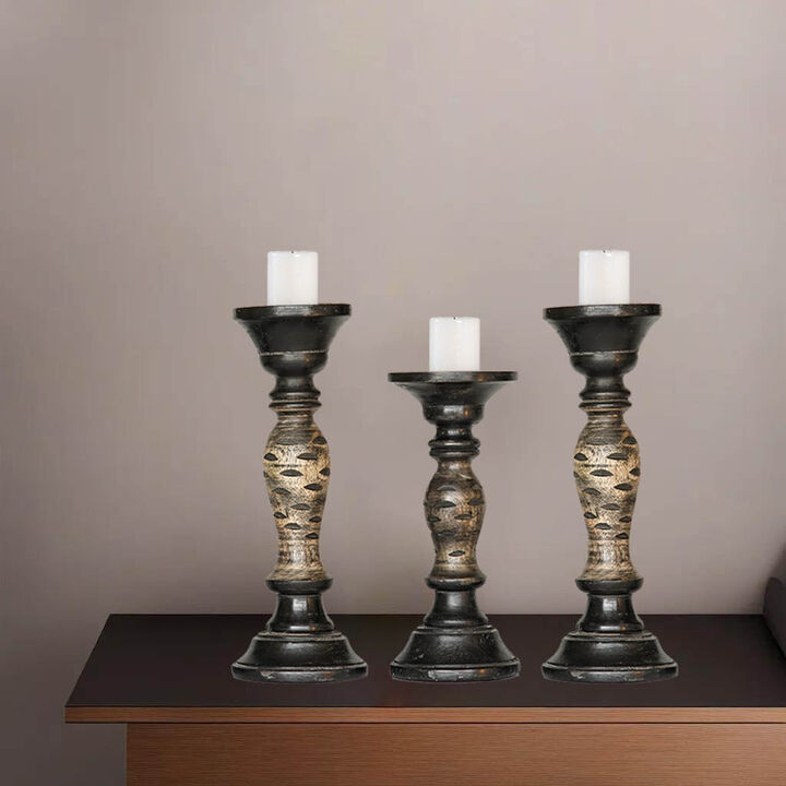 Traditional Dark Polish Eco-friendly Handmade Mango Wood Set Of Three 12",9" & 12" Pillar Candle Holder BBH Homes