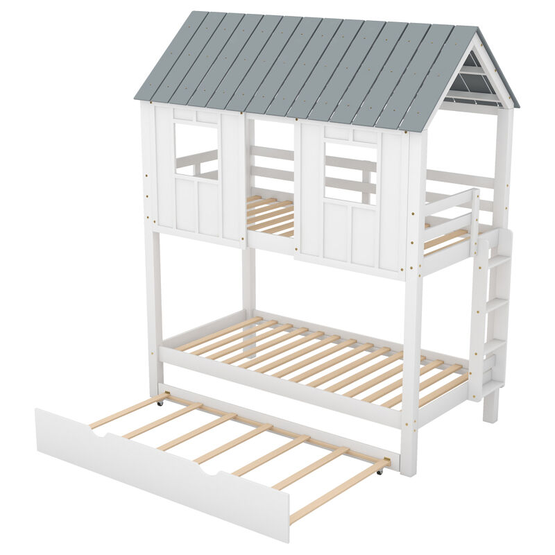 House Bunk Bed With Trundle, Roof And Windows Twin