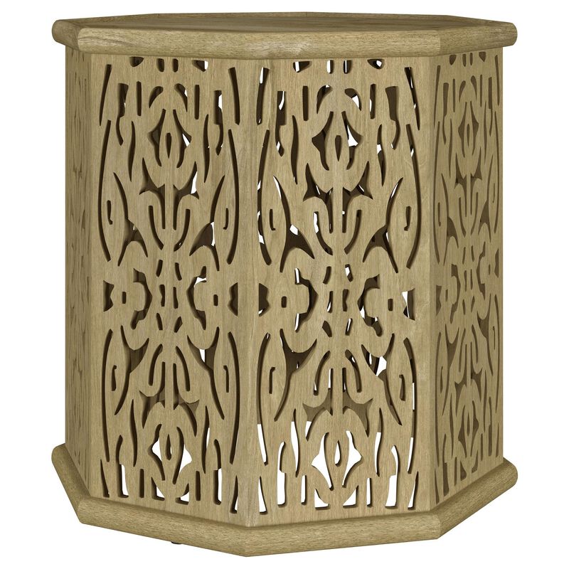 Ores Accent Side Table with Intricate Carvings, Brown Mango Wood - Benzara