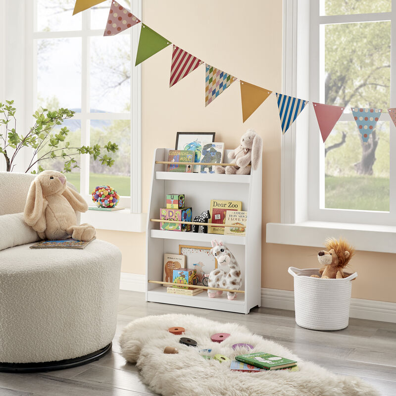 Steiner White 3-Tier Kids Book or Magazine Storage Freestanding Bookcase with Contrasting Wood-Toned Rods