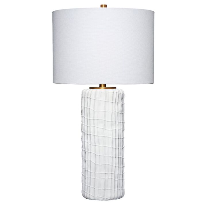 Mena 28 Inch Table Lamp, Round Drum Shade, Grid Pattern White Base - Benzara