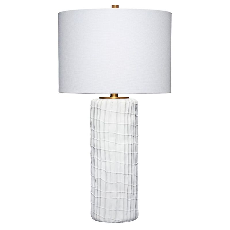Mena 28 Inch Table Lamp, Round Drum Shade, Grid Pattern White Base - Benzara