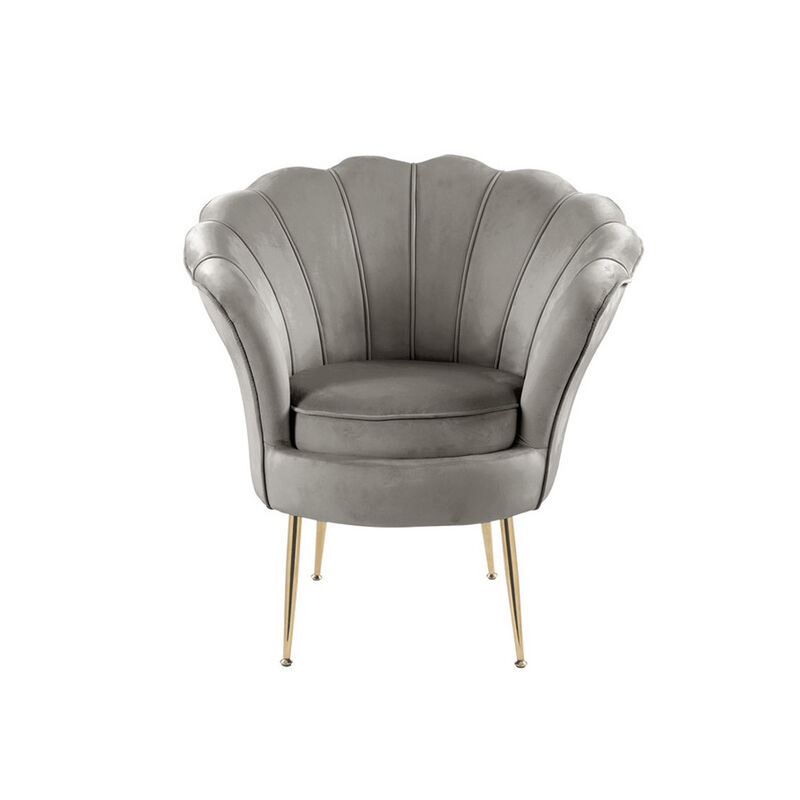 Velvet Scalloped Back Barrel Accent Chair with Metal Legs in Gray