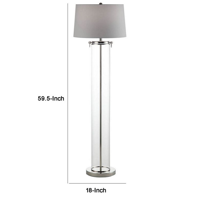 Axie 60 Inch Floor Lamp, Clear Glass Stand, Empire Shade, Metal, Nickel-Benzara
