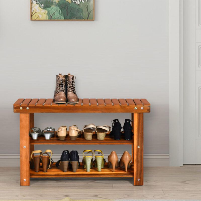 Hivvago Freestanding Wood Bench with 3-Tier Storage Shelves