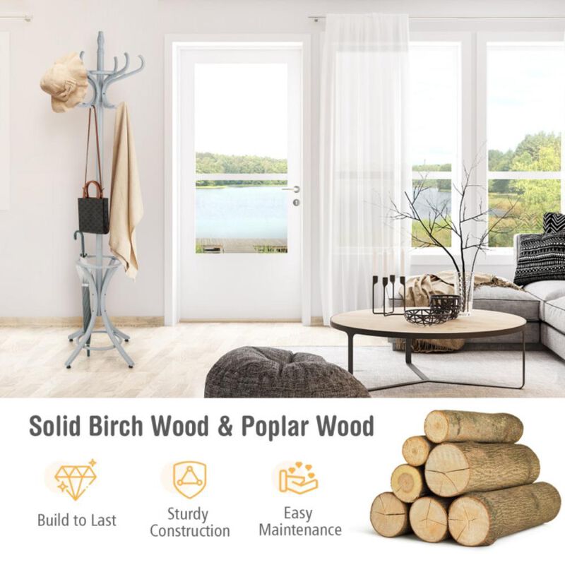 Hivvago Wooden Standing Coat Rack Tree with 12 Hooks and Umbrella Stand