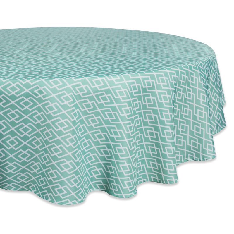 Aqua Blue and White Diamond Pattern Outdoor Round Tablecloth 60�