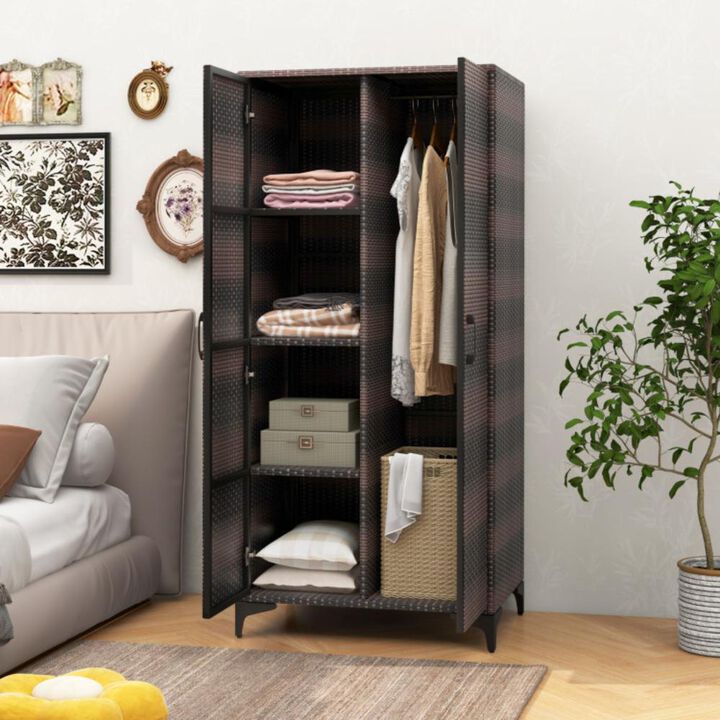 Hivvago 62 Inch Wicker Wardrobe with 2 Doors PE Rattan Closet with Hanging Rod