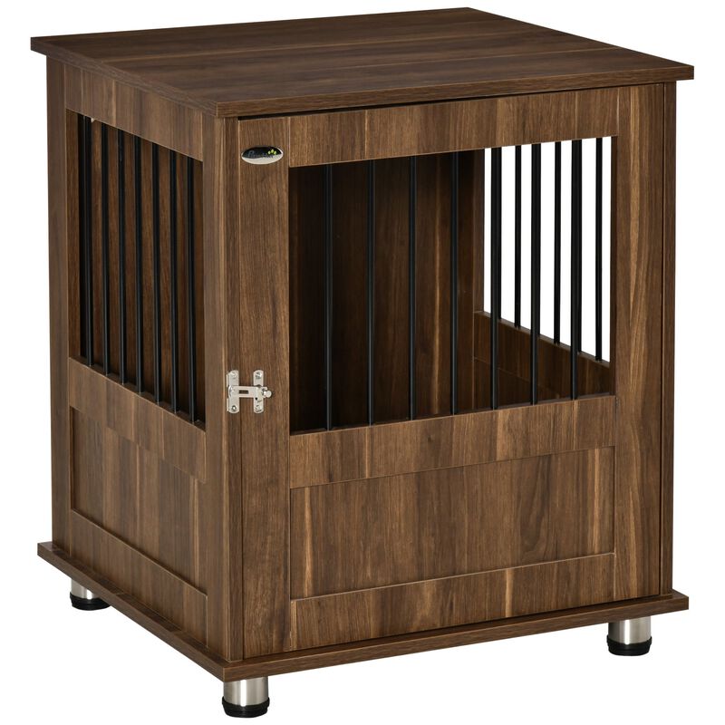 Brown Pet Furniture: Wooden End Table Dog Crate with Magnetic Door
