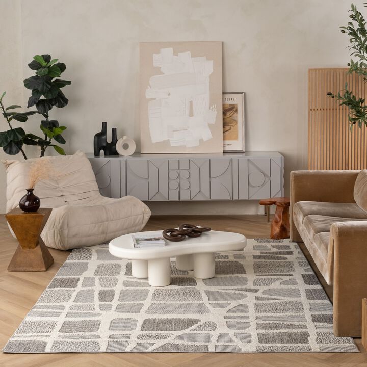 Hogar Abstract Modern Grey Cream Indoor Outdoor Jute Area Rug