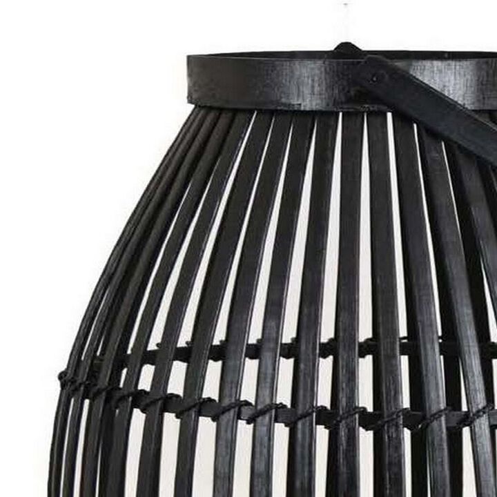Gyna 30 Inch Modern Tabletop Lantern, Woven Cylindrical Decoration, Black - Benzara