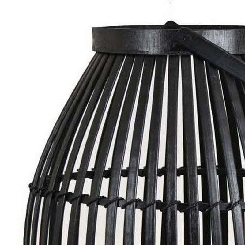 Gyna 30 Inch Modern Tabletop Lantern, Woven Cylindrical Decoration, Black - Benzara