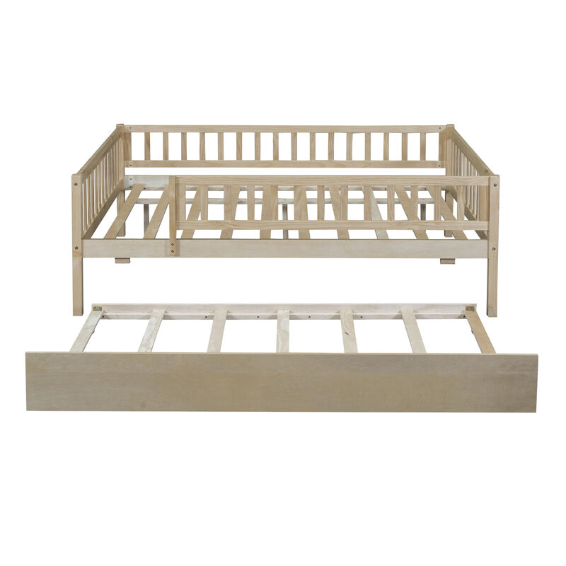 Full Size Wood Daybed With Trundle And Fence Guardrails